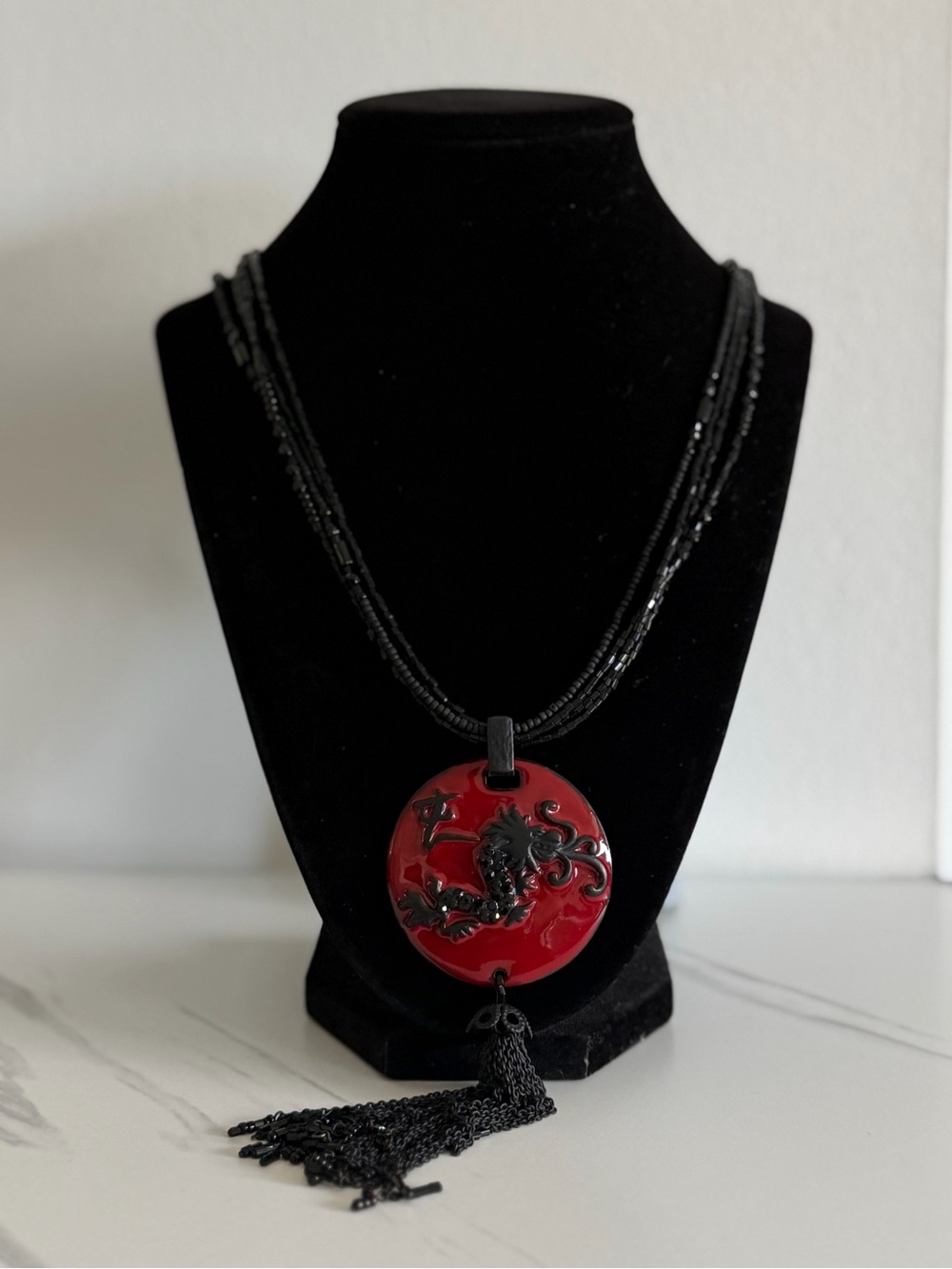 Red Dragon Pendant Necklace with Black Tassel
